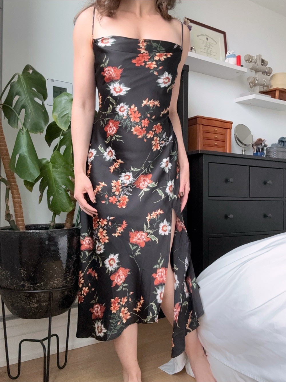ASTR the Label Cowl Neck Midi Slip Dress Black Floral Satin Side Slit Wedding S